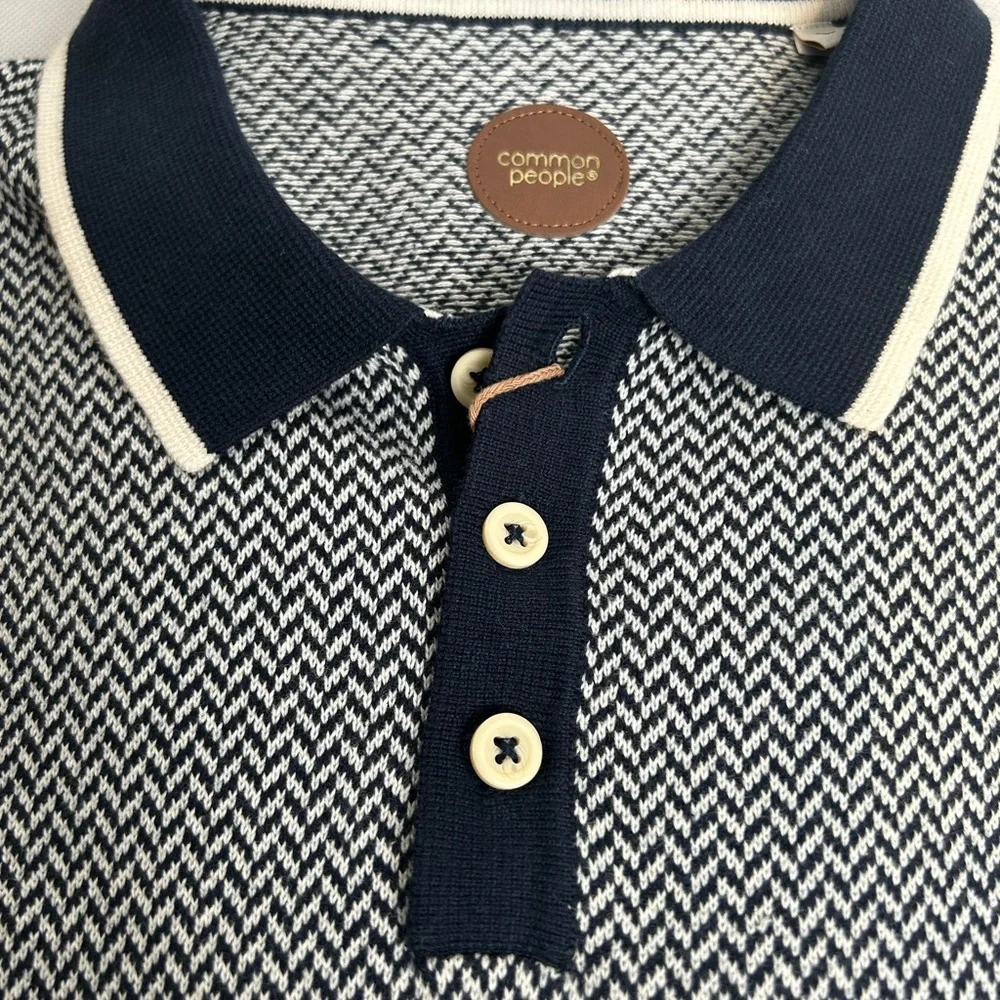 Blue and White Polo Shirt with Geometric Pattern - Picture 5 of 12